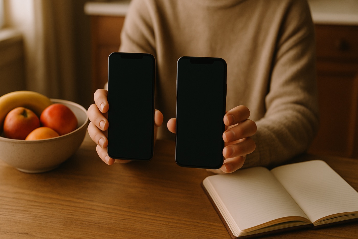 A person at a kitchen table comparing two phones beside a bowl of fruit and a notebook