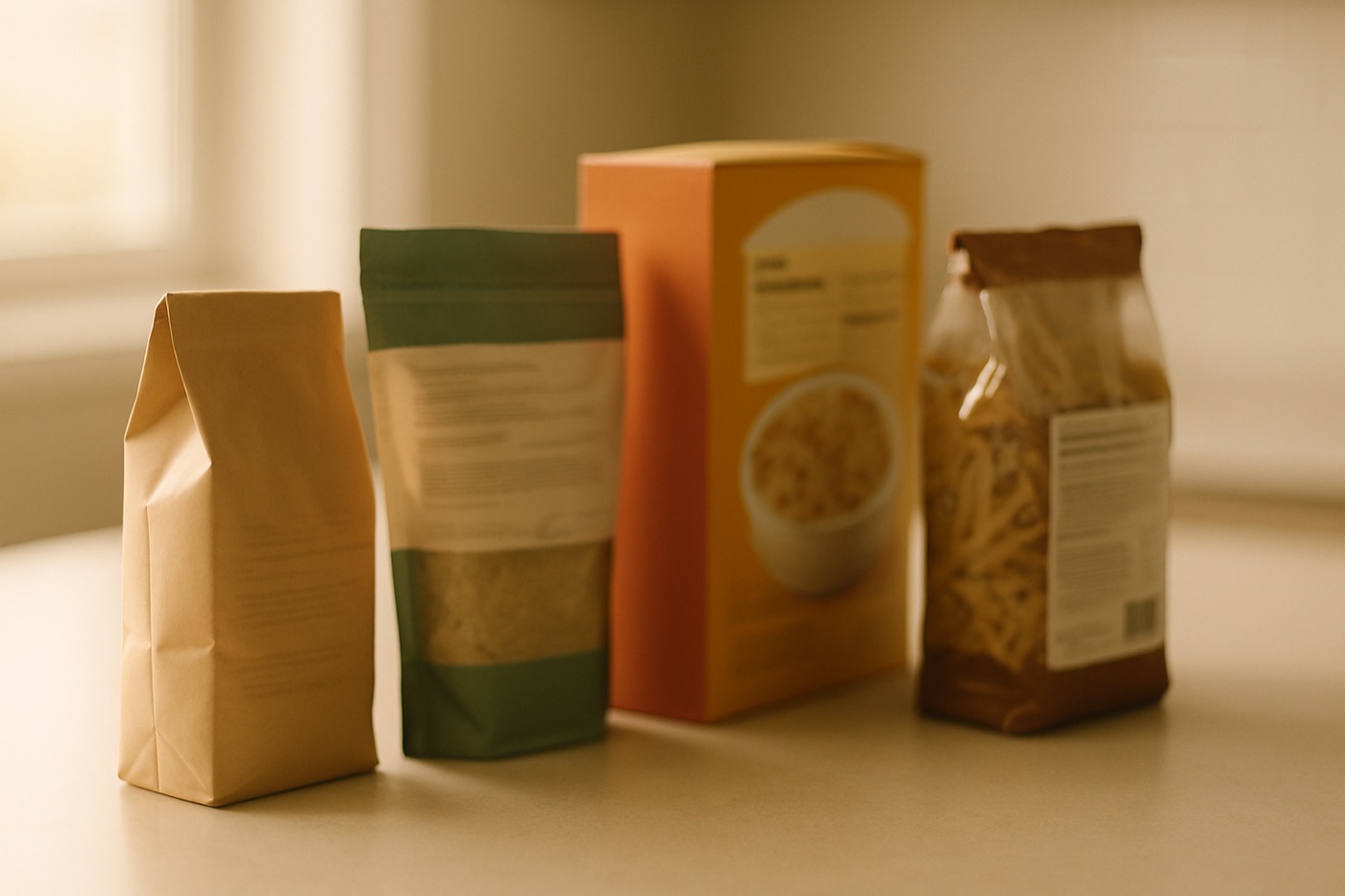 A row of packaged foods on a counter with their nutrition labels facing the camera