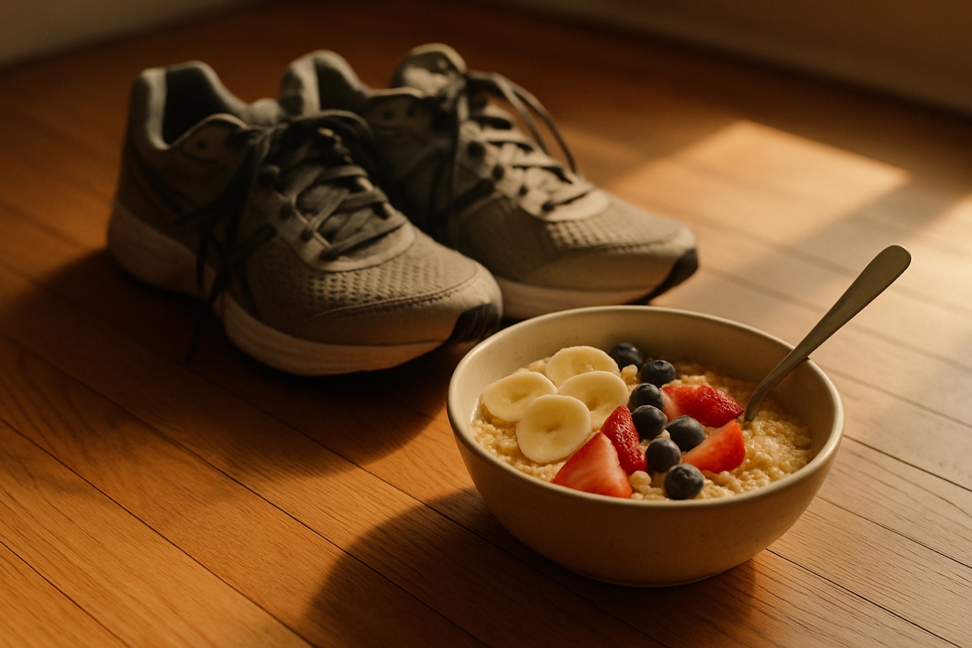 A pair of running shoes beside a bowl of oats and fruit on a wooden floor in morning light