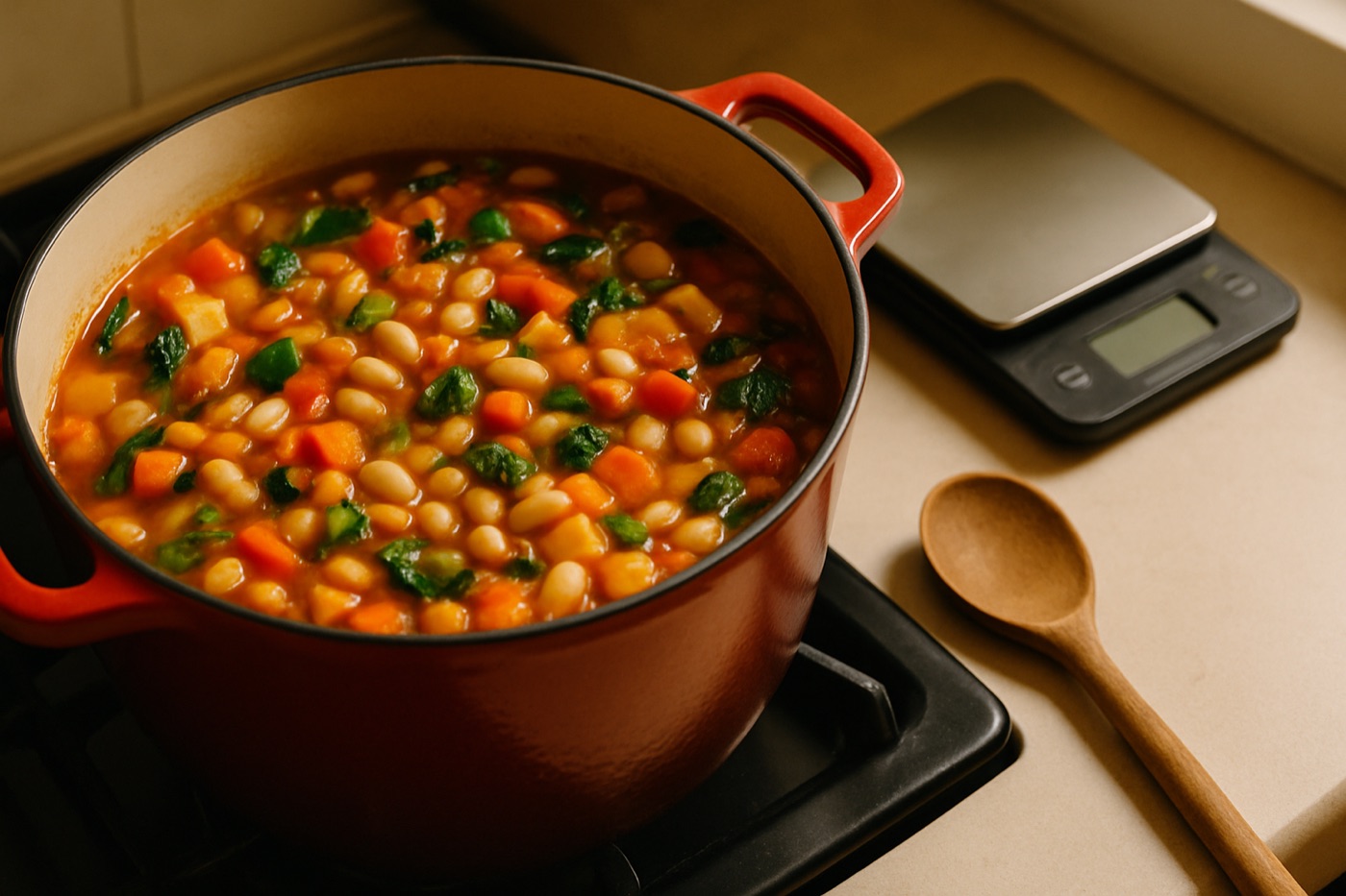 A pot of vegetable stew on a hob next to a small kitchen scale and a wooden spoon