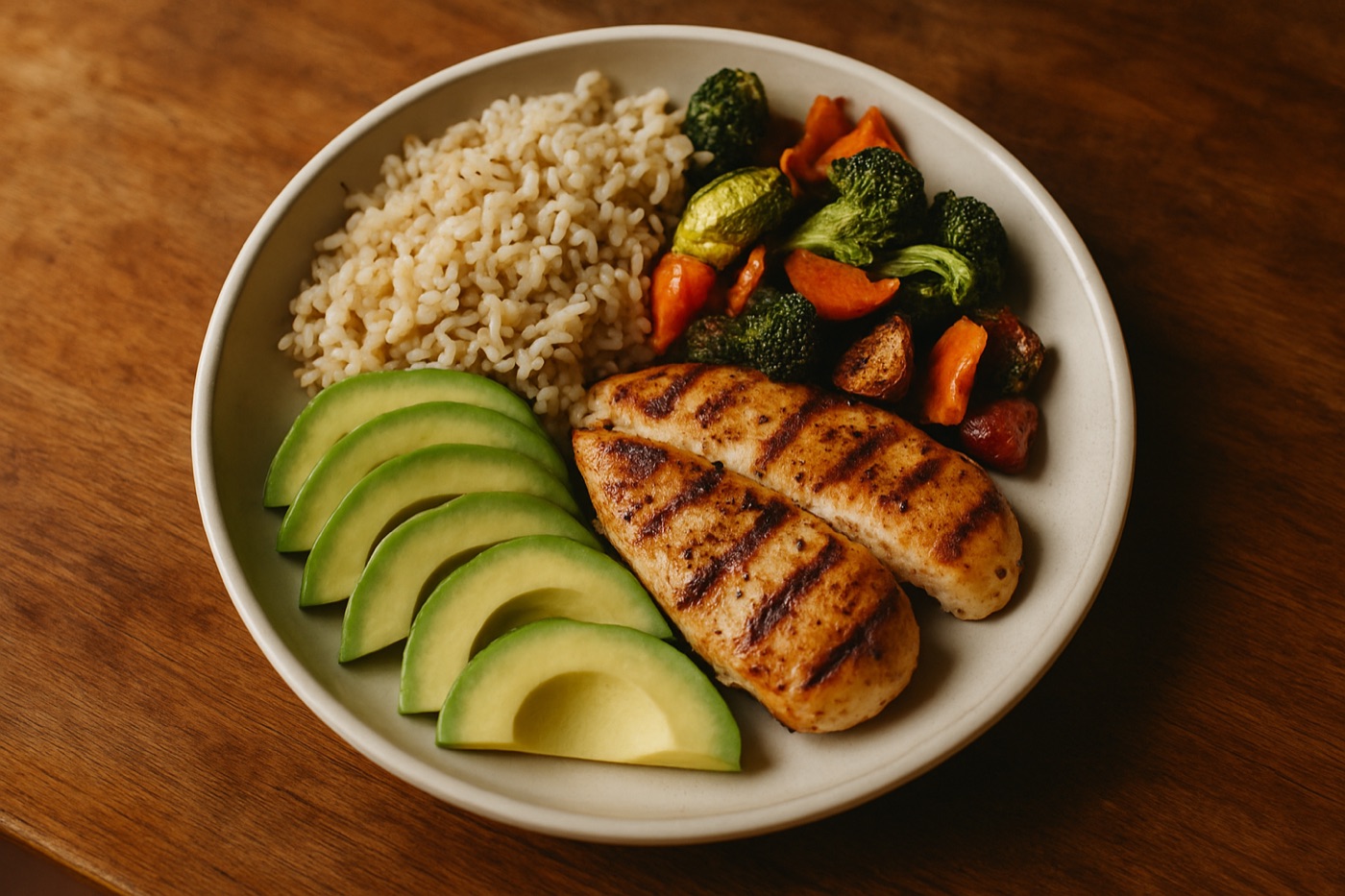 A plate divided into grilled chicken, brown rice, avocado and vegetables on a wooden table