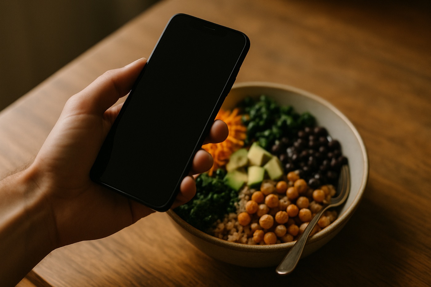 A phone photographing a colourful lunch bowl on a wooden table, with no screen numbers visible