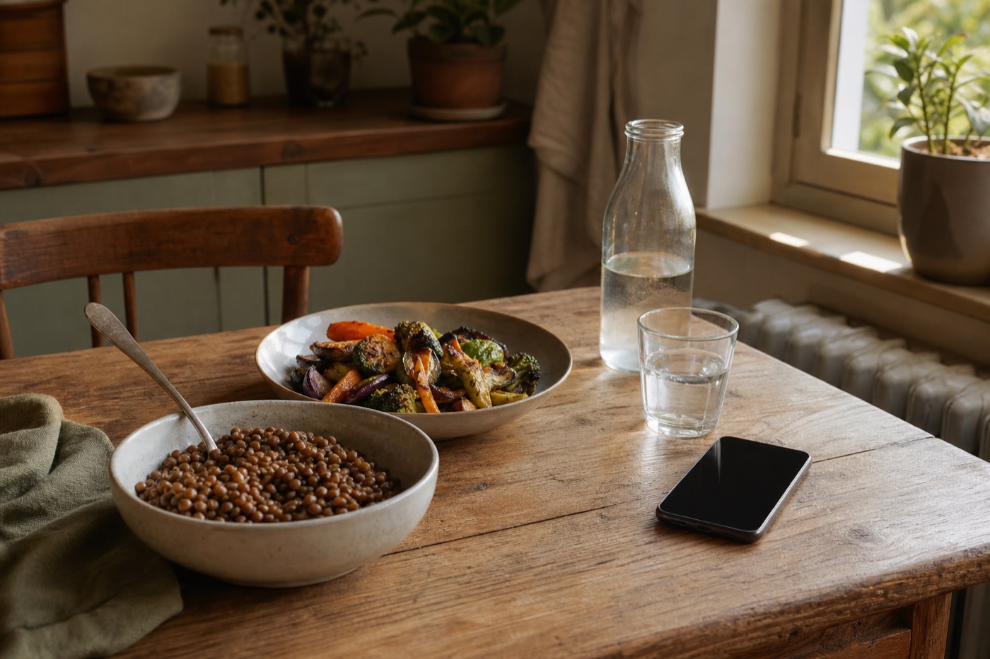 A kitchen table with bowls of lentils, roasted vegetables, a jug of water and a phone with a blank screen
