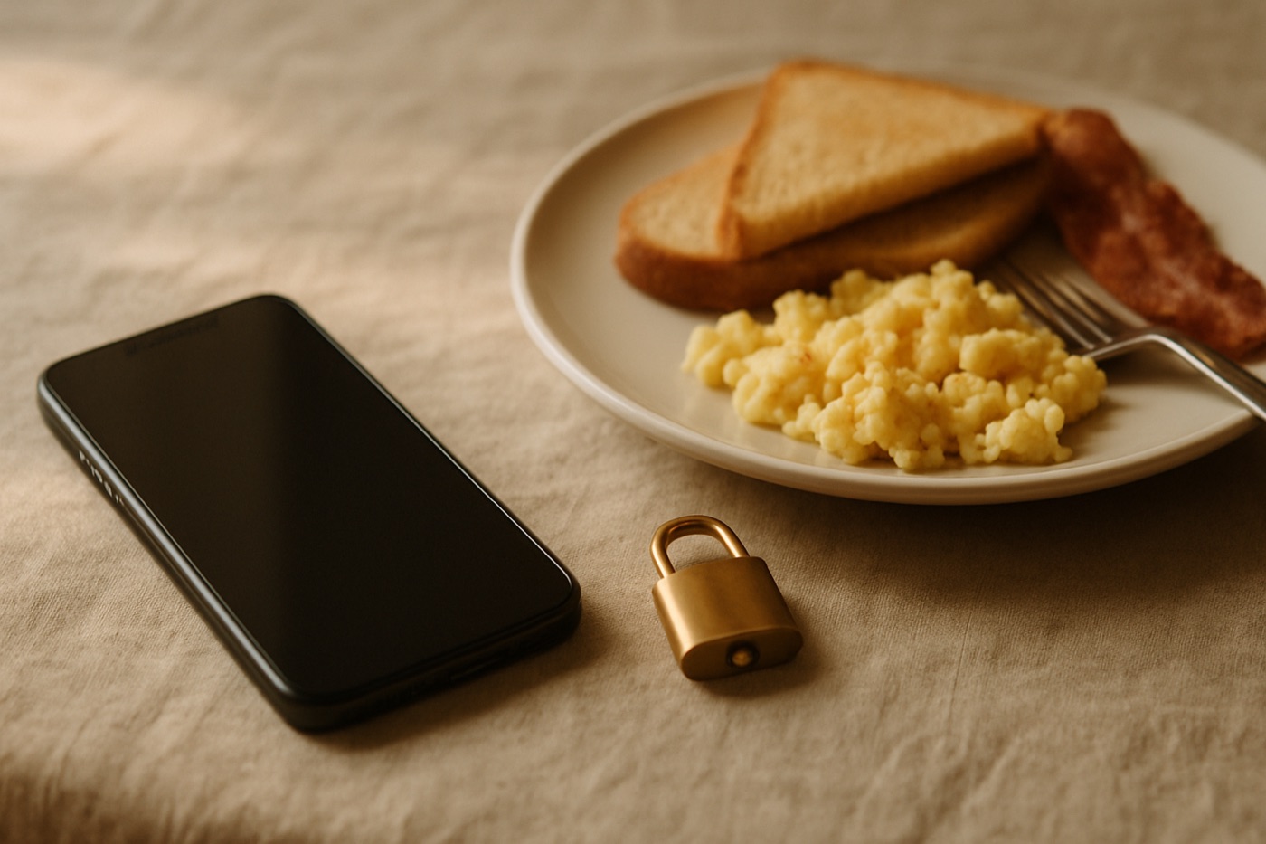 A phone with a dark screen and a small brass padlock beside a plate of eggs and toast