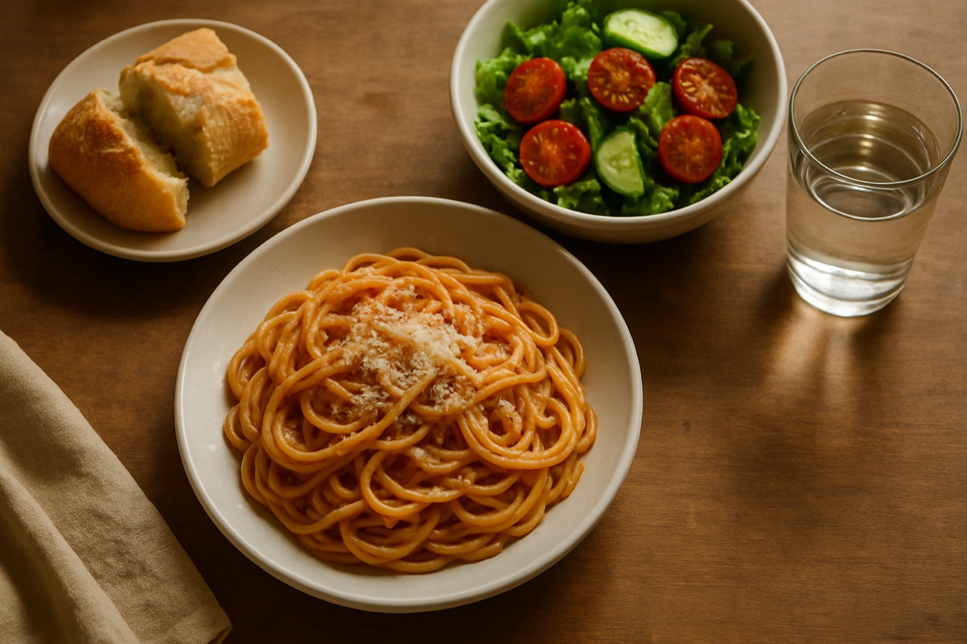 A restaurant table with a plate of pasta, a side salad and a glass of water seen from above