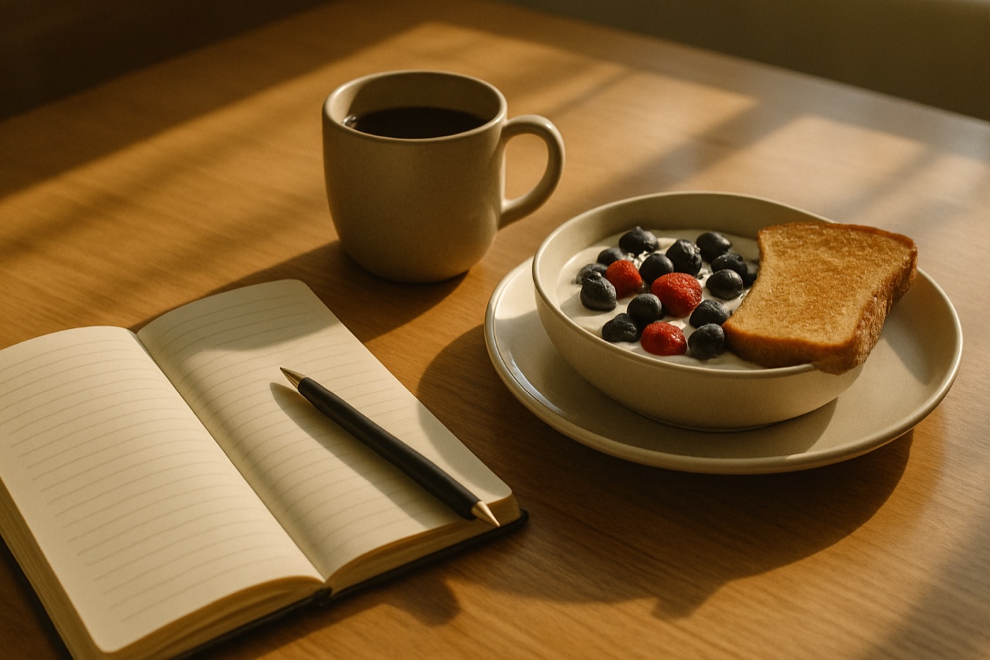 An open paper diary, a pen and a cup of coffee beside a simple breakfast on a sunny table