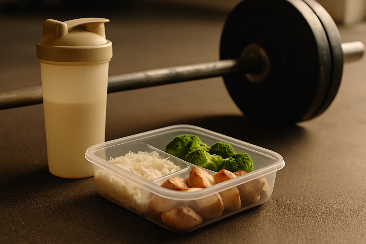 A barbell on a gym floor beside a shaker bottle and a container of rice, chicken and vegetables